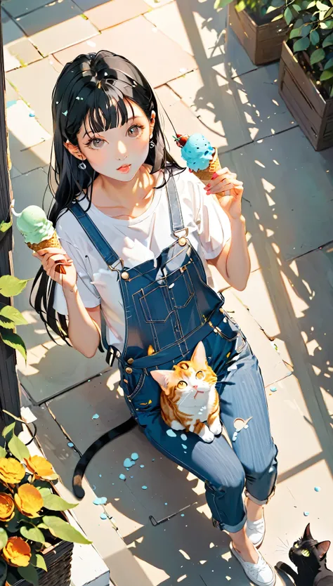 paper cutting style, 1 girl and 1 cat, black medium hair, straight hair, white T-shirts, denim overall, ice cream, sunlight,  portfolio, from above