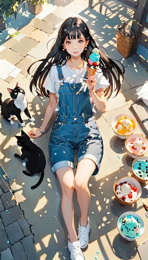 ((paper cutting style)), 1 girl and 1 cat, black medium hair, straight hair, white T-shirts, denim overall, ice cream, sunlight,  portfolio, from above