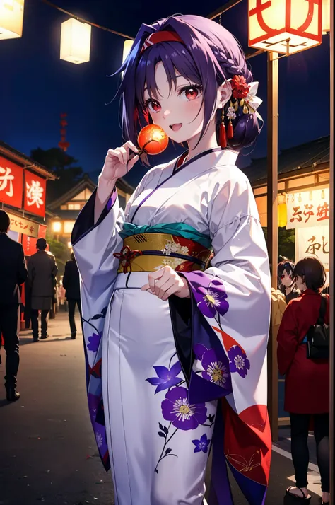 yuukikonno, Konno Yuuki, hair band, Long Hair, Pointed Ears, Purple Hair, (Red eyes:1.5), (Small breasts:1.2), Open your mouth,Open your mouth,Long Hair,happy smile, smile, Open your mouth,Purple Kimono,Long sleeve,Sandals,night空の花火,Fireworks display,Japan...