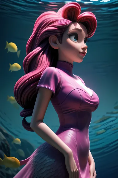 The Little Mermaid, under the sea, detailed fish tail, high-neck shirts, front view, large breasts