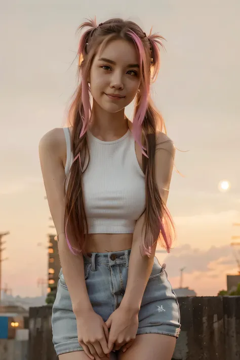 Beautiful woman pink twin tail long hair、cyberpunk style short clothes、gazing at viewer、front facing、A slight smil、natta、harvest moon、Moon brightness