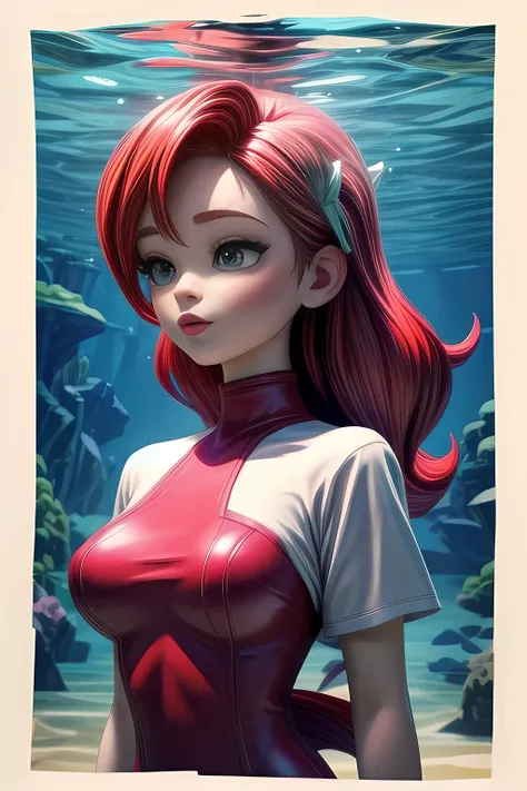 the little mermaid, under the sea, detailed fish tail, high-neck shirts, front view, large breasts