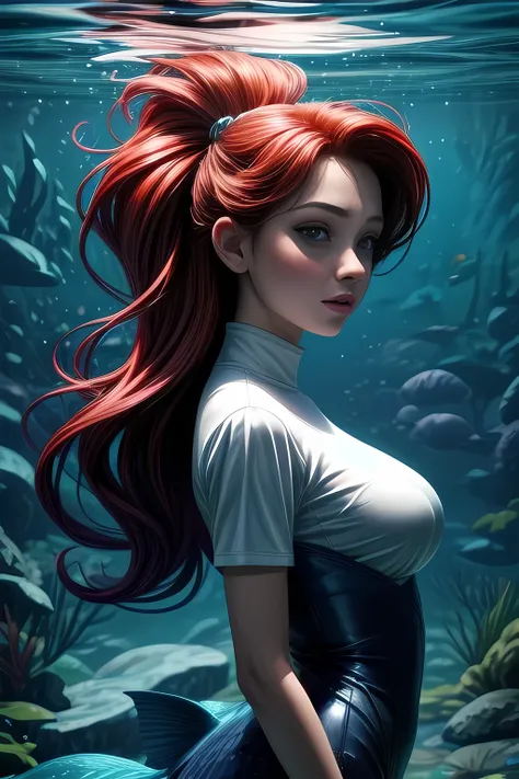 the little mermaid, under the sea, detailed fish tail, high-neck shirts, front view, large breasts