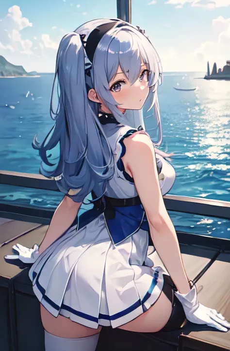 ((best quality)), ((masterpiece)), ((1girl)), solo, Ferry, ((long hair)), FerryBase, ((thighhighs)), bare shoulders, ((jewelry)), ((sleeveless)), white dress, blue skirt, ((gloves)), thigh-high, from behind.