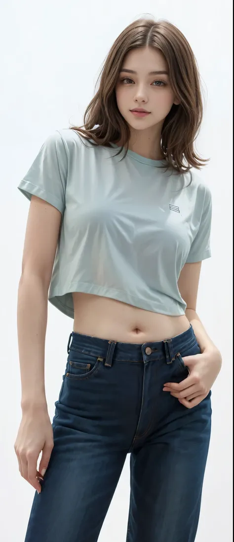 uma mulher com blusa cropped e jeans posando para uma foto, com camiseta rasgada, vestindo um top cortados, camisa cinza, vestindo um top cortado, wearing corte superior, usando um top cropped sexy, corte superior, corte superior, wearing a corte superior,...