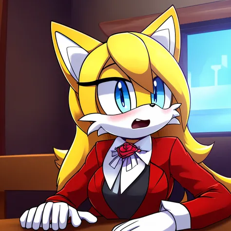 score_9, score_8_up, score_7_up, 2D, cafe background, ((Masterpiece)), high quality, studio quality, ((((solo)))), ((((1girl)))), (((Tails the Fox but female))), Female Tails, Female, Mobian, Fox, (((light yellow fur))), (((long light yellow hair))), ((Lon...