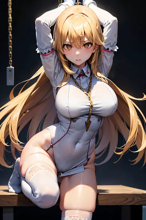 Shokuhou Misaki、A Certain Scientific Railgun、Blonde、Long Hair、Large Breasts、Jail、One girl、((White thigh-high socks))、(Long gloves)、(first round)、(Chained)、((Crucified on the examination table))、(Being restrained)、Leg spread