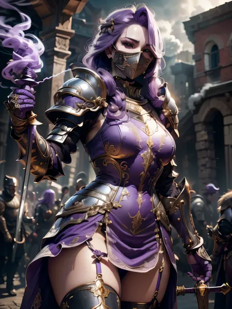 (masterpiece, superb detail, super detailed, high resolution), male focus, (((female armor))), (((armor purple dress set))), (((...