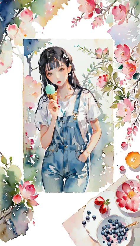 paper cutting style, 1 girl, black medium hair, straight hair, white t-shirts, denim overall, ice cream, portfolio, from above