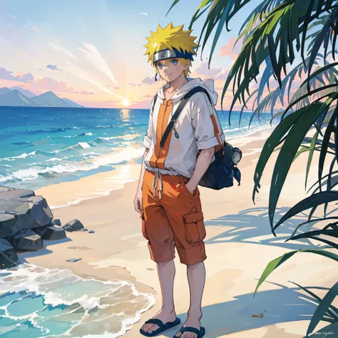 create a vibrant and lively image of naruto uzumaki from the naruto series, depicted in modern casual clothes as if he's prepari...