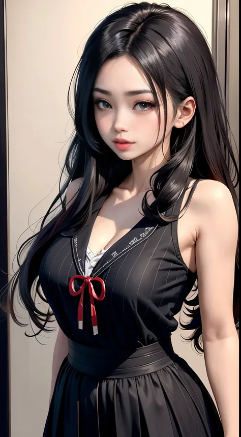 create an anime girl with long hair, wearing black japanese school clothes with yellow stripes, her chest is large, her tongue s...