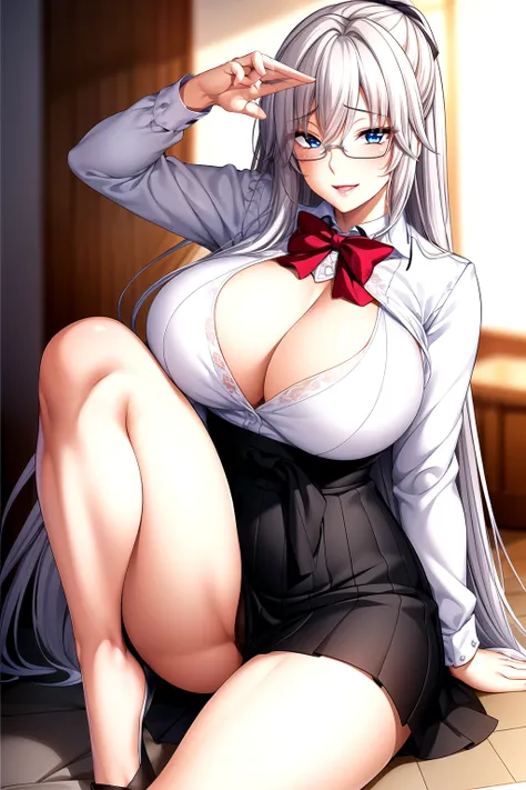 office lady, skirt, eye glass, bra, full body pictures, white hair,blue eye,long hair, 1 girl, 25 years old,young women,beautifu...