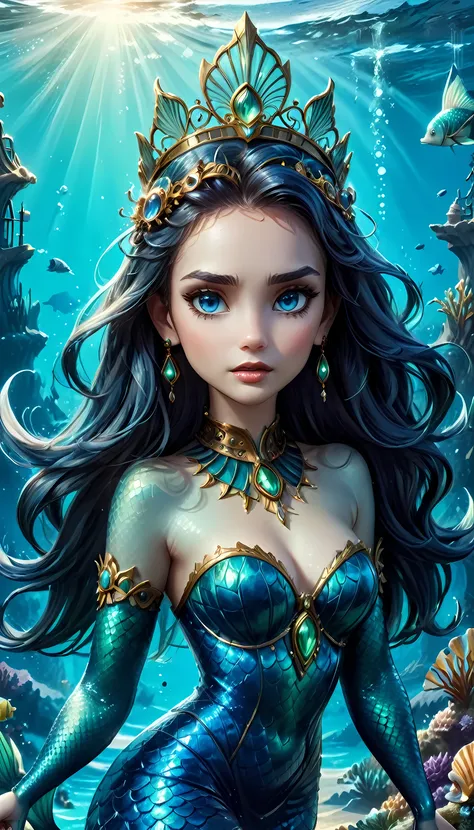 modisn disneyhigh, details, best quality, 16k, ultra detailed, masterpiece, best quality, ((art deco style: 1.5)), full body, ultra wide shot, RAW, photorealistic, fantasy art, dnd art, rpg art, realistic art, an ultra wide picture of a mermaid princess in...