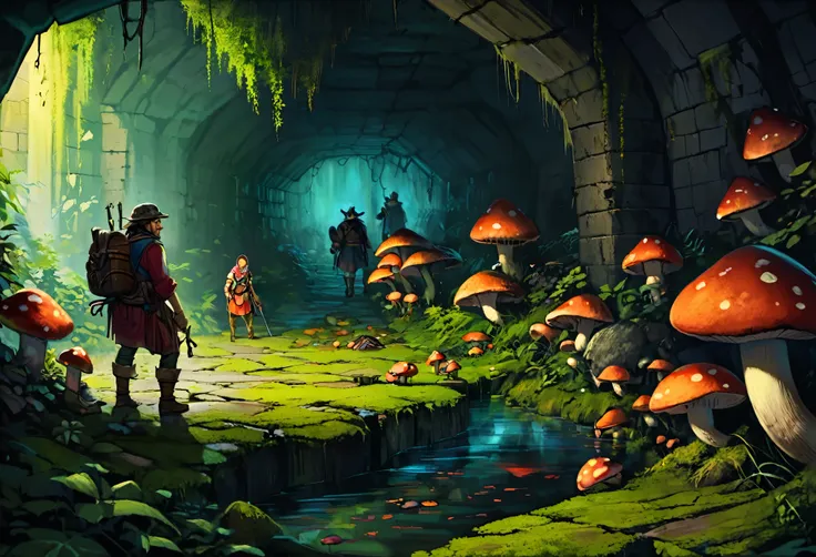 a group of fantasy adventurers exploring a dungeon, attacked by carnivorous mushrooms, assorted sizes from toothy but comically slow to bigger than a man, wild colors, some glow, hyperrealistic, highly detailed, fantasy, dark fantasy, dramatic lighting, ci...