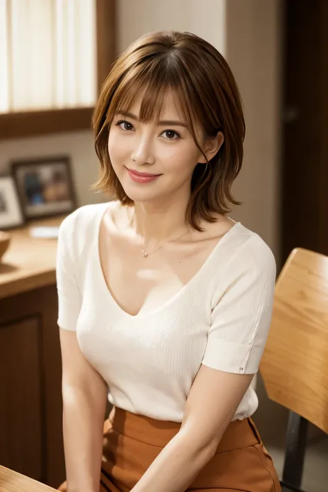 Realistic, Tabletop, highest quality, RAW Photos, Face Focus, elegant, (One Woman), 28 years old, (A white V-neck knit with a loose fit around the neck), (Orange tight skirt), (Brown Hair), (bangs), (Straight hair), (short hair), (Looking up at the camera)...