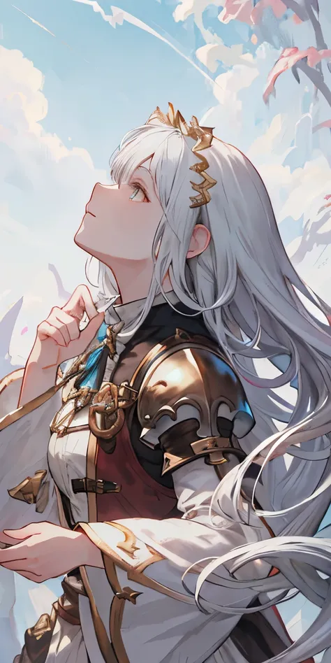 best quality, masterpiece,white hair, gold eyes,white clothes, looking up, upper body,hair strand,Fair skin,side braids, high fantasy clothes style, high fantasy style clothes, high fantasy style, granblue fantasy style