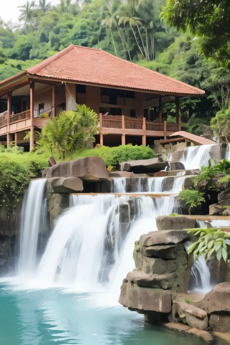 Resorts in indonesia with all cycles Both raw clay brick houses with grass roofs, activity zones, water parks and parks, and 2 cute train trains, a big waterfall seen from the entrance and around the resort is a forest, oxygen production, a village, a tota...