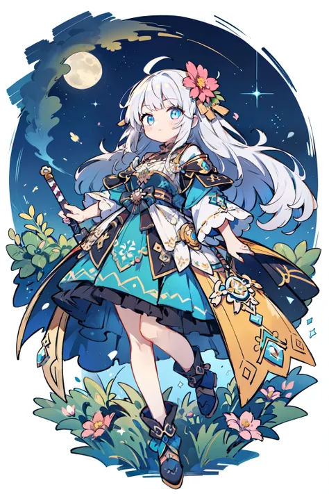 With a mandala pattern floating in the night sky、Female swordsman looking up at the sky above a hill with wild flowers. She has a beautiful face and brightly colored shining eyes. She wears intricate and delicate ornaments and leather armor. The mandala pa...