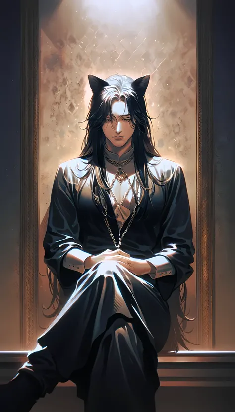 handsome man,alone,has dark bule cat ears,dark blue long hair, messy hair, beautiful and delicate white eyes,rosy cheeks,wear black clothes that show his breasts,he crossed his legs,sitting at a very high place, looks down, in the basement,Iron chains beh...