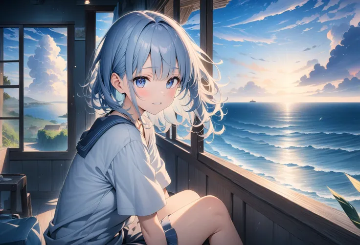 ((style:Colored pencil,pale colour)),(anime)、(masterpiece:1.2),Large cumulus clouds visible from the room、Summer sky、(Girl sitting and looking outside)、A large depiction of the blue sky、Summer landscape、Old house near the sea、(Hair fluttering in the wind)、...