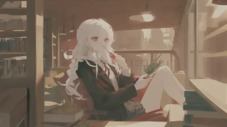 vampire girl drink tea in library, highres, red eyes, white hair,