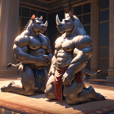 a rhinoceros, rhinoceros, muscular rhinoceros, rhinoceros with animal fur loincloth, rhinoceros with visible chest and abdominal muscles, two rhinoceroses, father and son rhinoceroses, kneeling on the ground, (best quality,4k,elegant artwork:1.2),ultra-det...