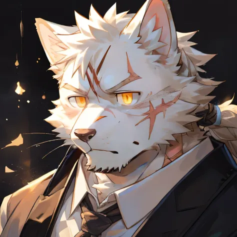 masterpiece，high quality，perfect anatomy，furry，anthro cat，white fur，male， niji5，yellow pupils，bright eyes，exhausted，tie braid，scar on the face，detailed face，by kiyosan，close up face