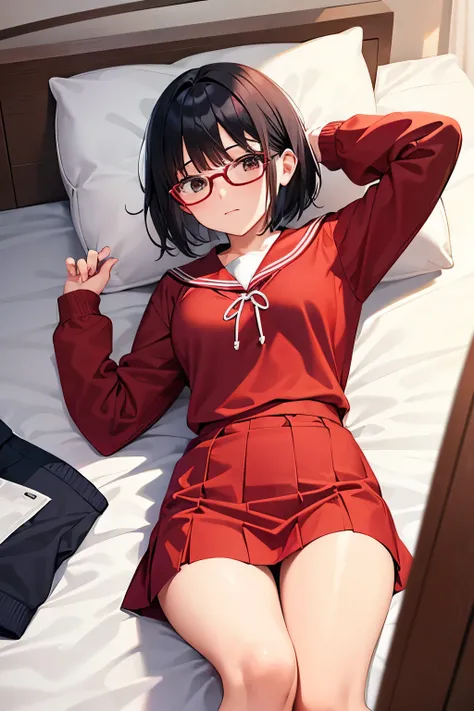 High school girl lying on bed、Black hair, short bob, brown glasses, red sailor suit, pose lying on bed