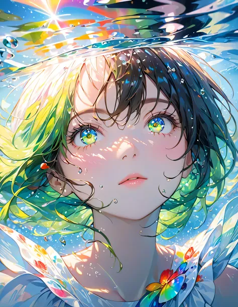 girl swimming underwater,ultra-detailed rendering style,shine,yellow,green,brush,surreal oil painting,shining eyes,head close-up...