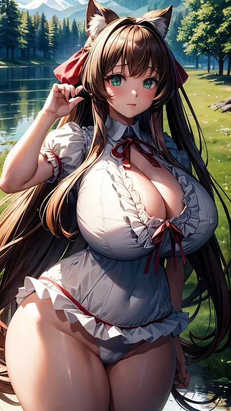 ultra detail,best quality,masterpiece, Mew, 1girl, soro, green_eyes, ribbon, hair_ribbon, long_hair, anime, forest,lake,tree,anime_screencap, white frill blouse,red ribbon,brown hair, ((gigantic breasts:1.3)), curvy body, ((sfw)), 