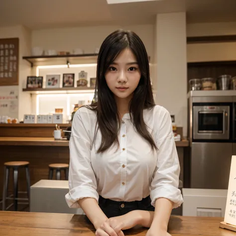 、Highest quality、high resolution、Taiwanese beauty, 23 years old, young headshot, looks cute, Cute pose, beautiful busty girl, Black long hair, Wear casual clothing, In the café