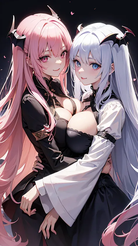 Very detailed. Cover magazine. Yuri couple. GL. One is a human girl (long white hair, blue eyes, no horn). One is a mature (vampire woman, demon horns, red eyes, long pink hair, wavy hair, Big breasts, older). Both of them love each other. The one with pin...