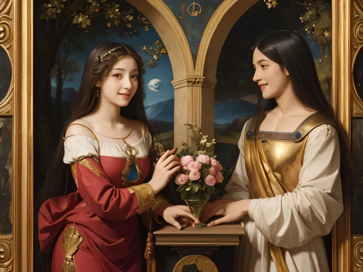 Giorgione painting style,Arguments of two female Philosophe,math、astronomical machine、astronaut、roses in vase、fruits、Cute trinkets、smile、ancient greek costume、Background is a forest lake at night 、Clothes that stretch your shoulders、A big smile、beautiful b...