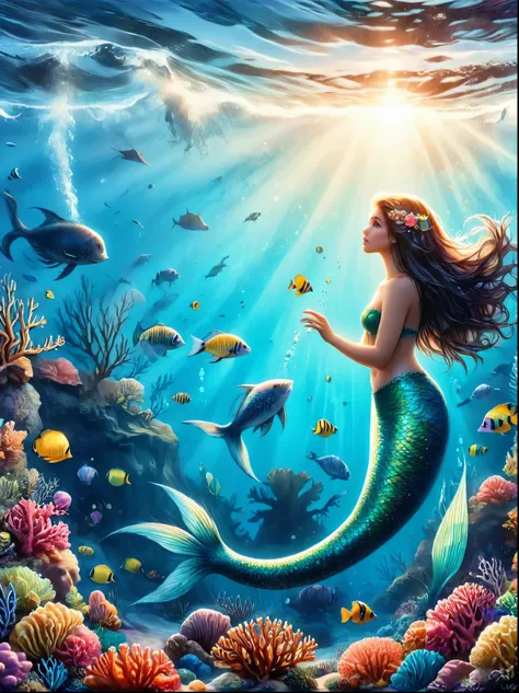 A mermaid princess is looking at a mirror in the middle of the ocean，She is surrounded by a lively group of marine life，Including colorful fish and corals，She widened her eyes，Staring at myself in the mirror in amazement，She held the mirror with her slende...