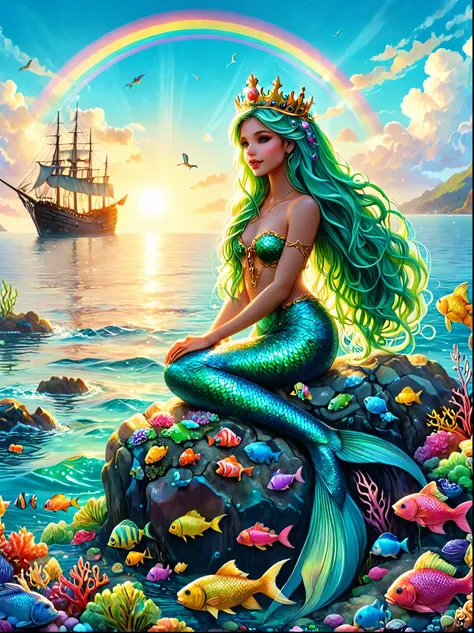 A beautiful mermaid princess，Has long flowing green hair，Wearing a jeweled crown，Sitting on a rock in the middle of the ocean，She is surrounded by a school of glittering, rainbow-colored fish，above，The sky is blue，Covered with fluffy white clouds，Sunset，Sh...