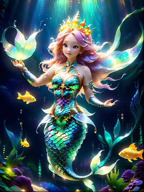 ((A giant glowing mermaid princess))，(Luminous crown，Refined Fish Scale Armor)，Ethereal，uv，translucent，Amazing animals，nature，mystery，beauty，Dark environment，magic，Biological Design，high resolution，8k，Super detailed，Light, Physical Rendering, Vivid colors,...