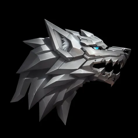 Close up of a metal animal head on a black background,, Detailed game art, fantasy wolf portrait, Game Icon资产， Metal Material,Metallic luster，Game Icon,Gorgeous Icons,Diablo style, ，HD，4K