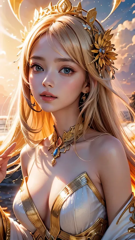 "Maiden of the Sun": Within a sacred sanctuary bathed in sunlight, depict the figure of a sun goddess, facing forward and emanating divine radiance, with golden hair, as she gazes towards us. Zoom in to focus on her face, with light orbs gleaming in her ha...