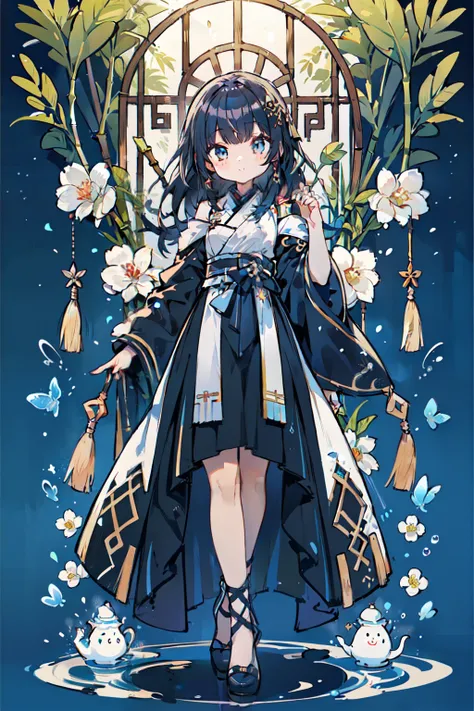 ​masterpiece、top-quality、Official Art、8k wallpaper、very detailed illustration、One Girl、((full bodyesbian、Standing picture:1.2))、Azure hair、length hair、A detailed eye、forrest、bare shoulders​、Hanfu、lake、pure、Soft smile、bamboo、tea