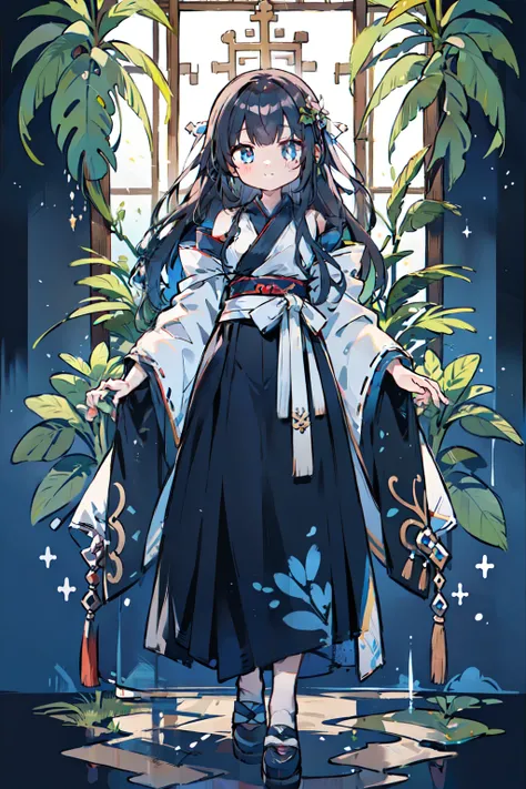 ​masterpiece、top-quality、Official Art、8k wallpaper、very detailed illustration、One Girl、((full bodyesbian、Standing picture:1.2))、Azure hair、length hair、A detailed eye、forrest、bare shoulders​、Hanfu、lake、pure、Soft smile、bamboo、tea