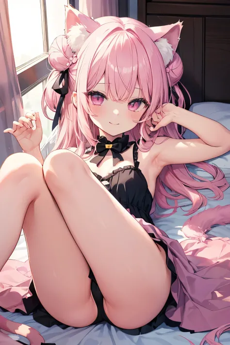 Pink Hair、Pink Eyes、girl、Small breasts、Bun Hair、girl、Small breasts、Lolita、Bright smile、Looks about 15 years old、Petan Musume、short、目のhighlight、Sexy thighs、Cat ear、Cute cat、Please show me your armpits、Your eyes are so beautiful、highlight