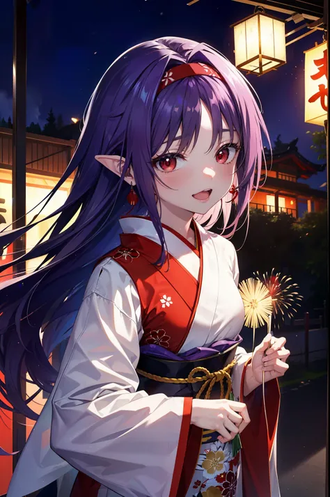 yuukikonno, Konno Yuuki, hair band, Long Hair, Pointed Ears, Purple Hair, (Red eyes:1.5), (Small breasts:1.2), Open your mouth,Open your mouth,Long Hair,happy smile, smile, Open your mouth,Purple Kimono,Long sleeve,Sandals,night空の花火,Fireworks display,Japan...