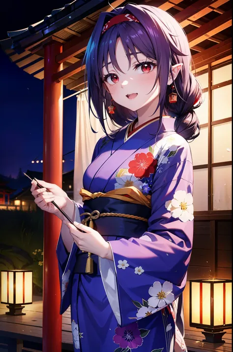 yuukikonno, Konno Yuuki, hair band, Long Hair, Pointed Ears, Purple Hair, (Red eyes:1.5), (Small breasts:1.2), Open your mouth,Open your mouth,Long Hair,happy smile, smile, Open your mouth,Purple Kimono,Long sleeve,Sandals,night空の花火,Fireworks display,Japan...