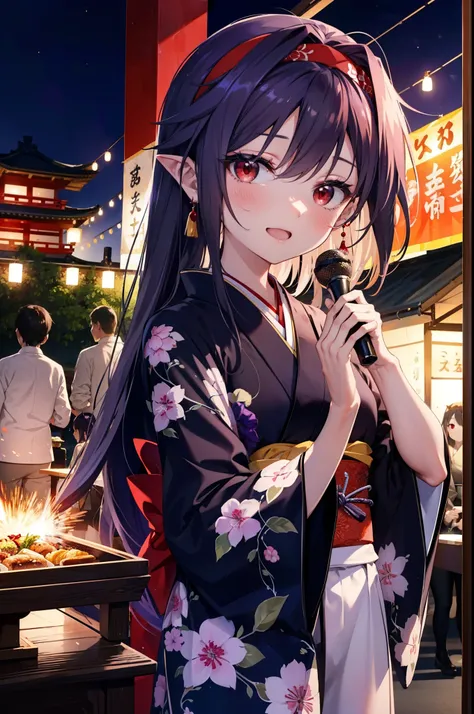 yuukikonno, Konno Yuuki, hair band, Long Hair, Pointed Ears, Purple Hair, (Red eyes:1.5), (Small breasts:1.2), Open your mouth,Open your mouth,Long Hair,happy smile, smile, Open your mouth,Purple Kimono,Long sleeve,Sandals,night空の花火,Fireworks display,Japan...