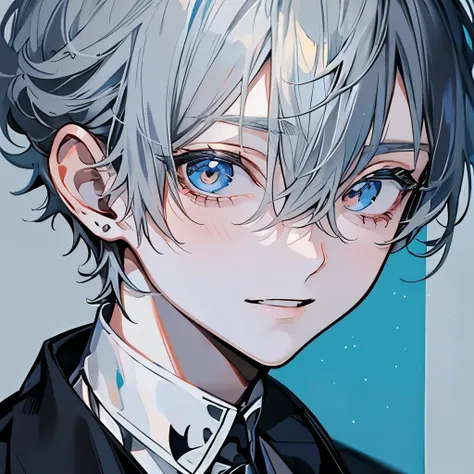 A boy with white eyes and light blue hair(masterpiece), (highest quality), Very detailed,  Perfect Face, Beautiful Face, Very detailedな顔，(Grey-haired man:1.3)、shirt、(smile:1.2)