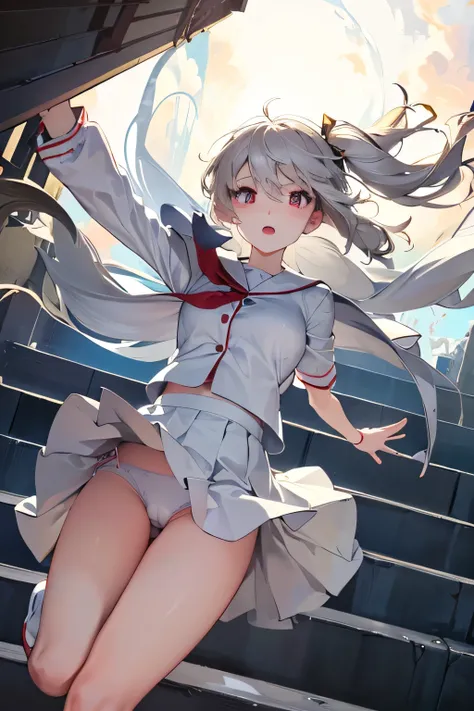 White underwear is visible。White underwear is visible、The wind is blowing my skirt away(Crotch up view from below_perspective:1.5),。Running up the stairs。Anime uniform girl。The lining of the skirt is visible。White underwear is visible。Pokemon Girl。Low - An...