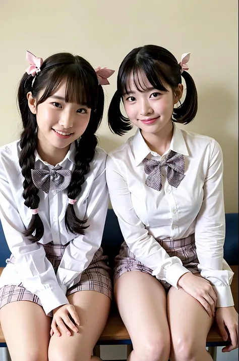 2 girls with knees up and holding knees and sitting on desk in school classroom,white shirt with pink plaid bow tie,break,white panties,break,18-year-old,bangs,a little smile,thighs,knees,short hair and pigtails with barrete,from below,front light