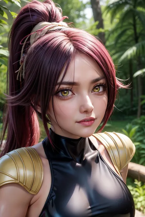 highest quality, Expressive eyes, Perfect Face, Face close-up, shihouin yoruichi (bleach), Dark Skin, ((Black leotard)), Yellow Eyes, Purple Hair, Long Hair, ponytail, lake, forest