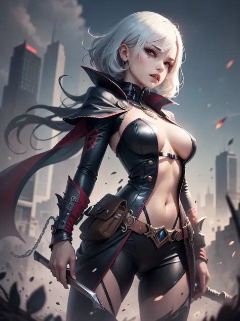 Dark joker woman, sorting sharp teeth, red eyes black clothing, white hair