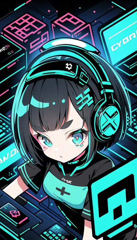 4 cards cartoon style, cyber punk, short hair, Thick eyebrows, Digital Punk, Anime Style 4k, Short sleeve gaming wear, Black Hair, Computer Lab, Over-the-head gaming headset